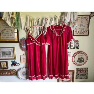 80's vintage Shadowline red slip dress and robe peignoir lingerie set with lace